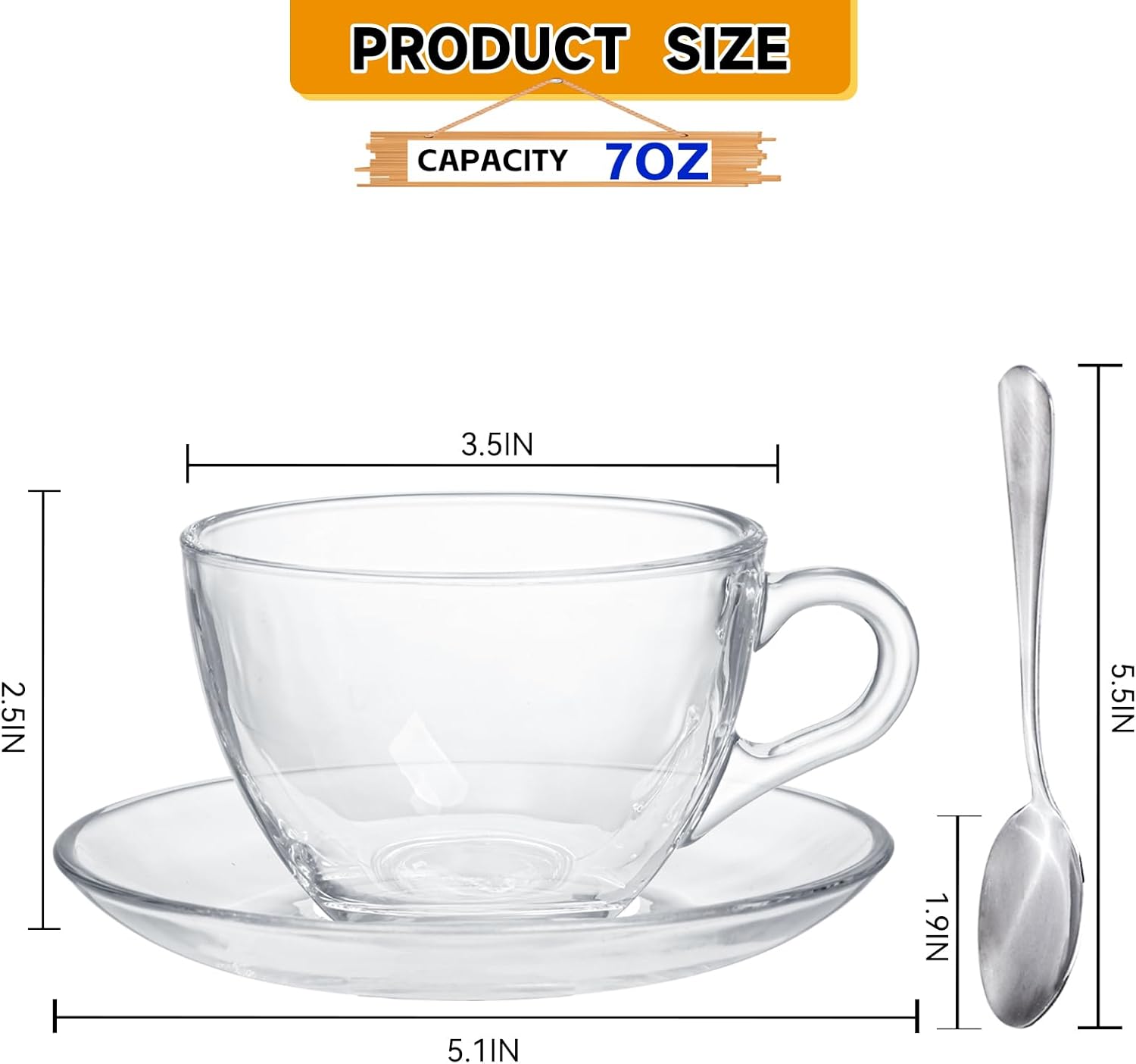 Glass Teacup and Saucer Set, 6 Pack Coffee Mug with Stainless Steel Spoon Suitable for Espresso Juice Cappuccino and More Beverage, 7OZ/210ML, Clear