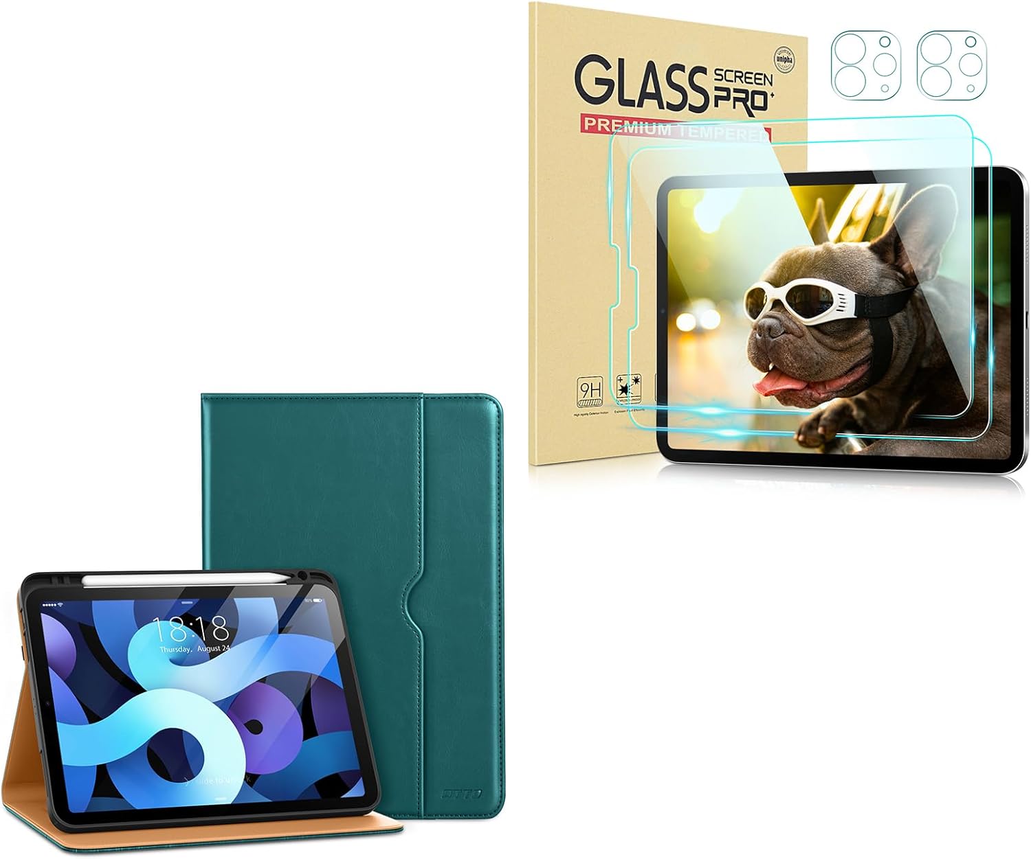 DTTO Case for iPad Air 5th/4th Generation 2022/2020 with Pencil Holder, Premium Leather Business Folio Stand Cover, and 2 Pack Tempered Glass Film with Camera Protector, Green