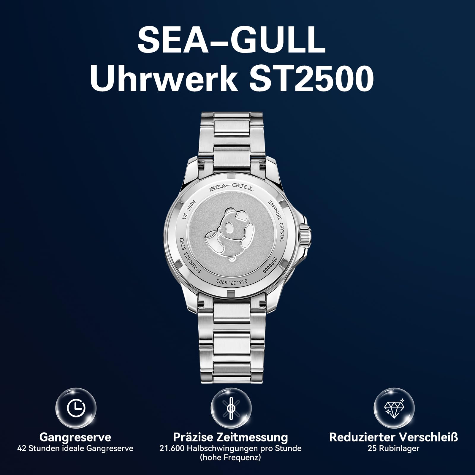 Seagull Automatische Taucheruhr für Herren, 200 m wasserdicht, mechanische Uhr, Saphirglas, 316L Edelstahl-Armband, Oktopus-Gravur, Gehäuseboden 6203