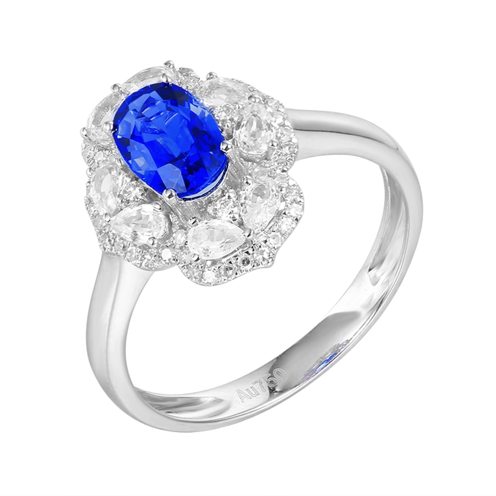 Daesar Anillos Mujer de Boda con Flor y Oval con Zafiro Creado de 1.12ct y Moissanita, Oro Blanco 9K/14K/18K, Anillos de Matrimonio de Boda Plata Azul