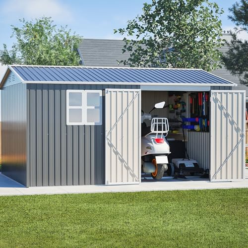 10X12 FT Outdoor Storage Shed Heavy-Duty Metal Sheds & Outdoor Storage with Floor Frame, Rustic Style Window and Lockable Doors Bright and Spacious Tool Sheds for Backyard Garden Patio Lawn, Gray
