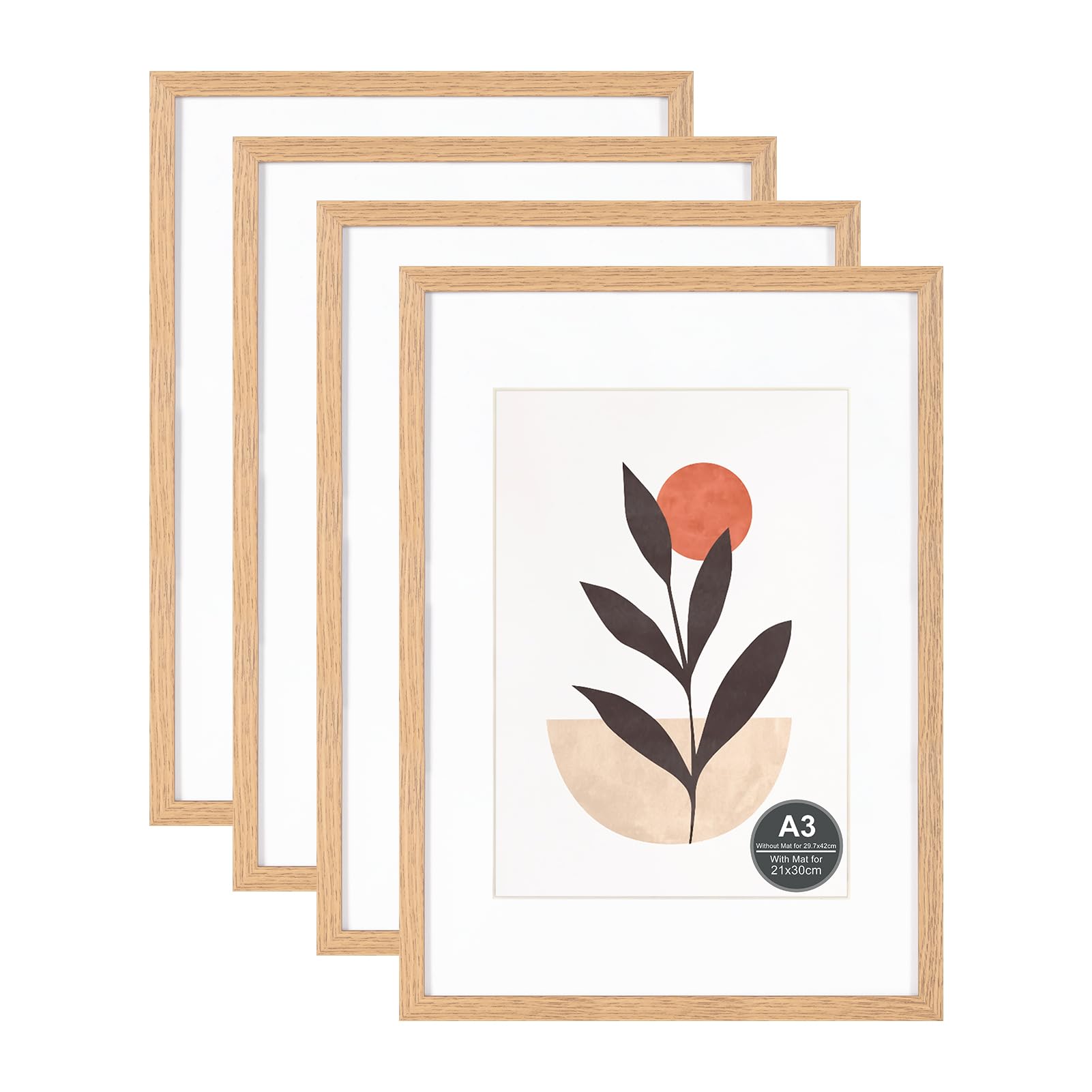 A3 Picture Frame with A4 Mount, Natural Wood Photo Frames with Perspex