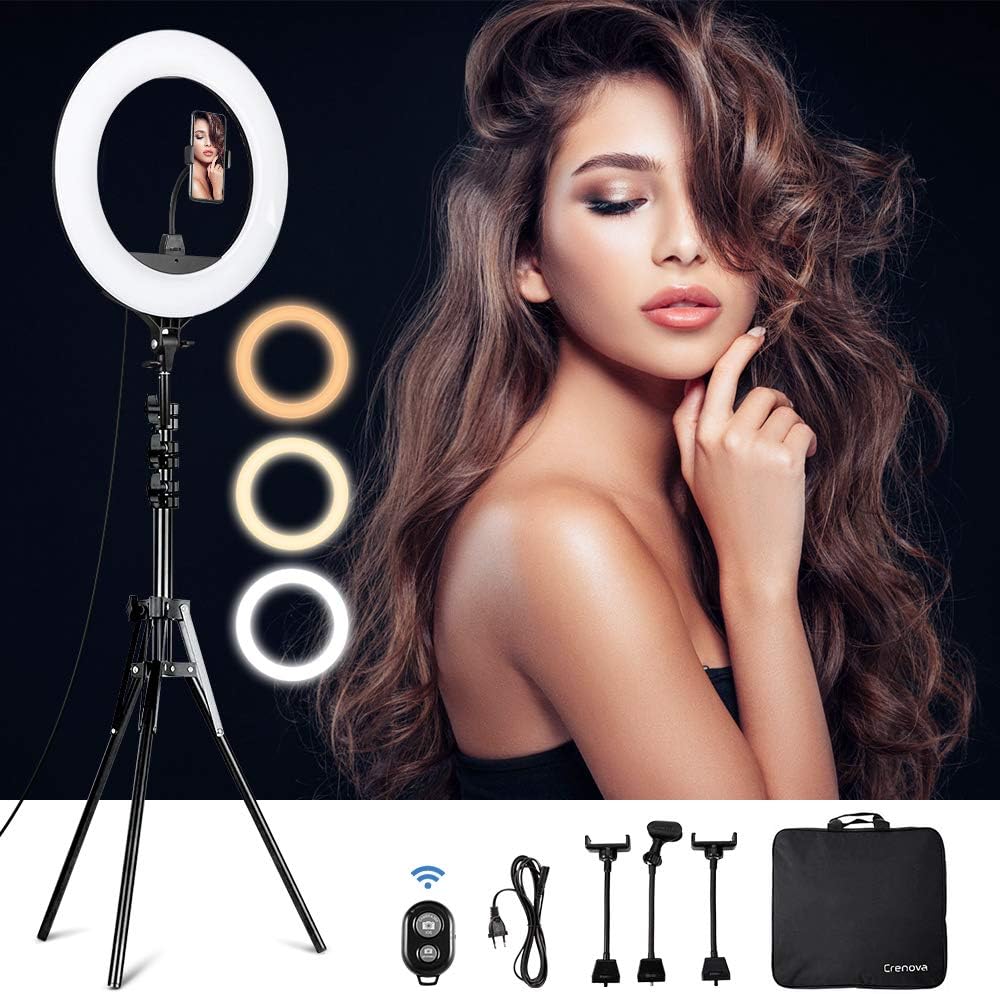 Crenova 18 inches LED Ring Light with Stand, Carrying Bag, Phone Holder, Bluetooth Remote Shutter for Smartphone YouTube TikTok Selfie Shooting