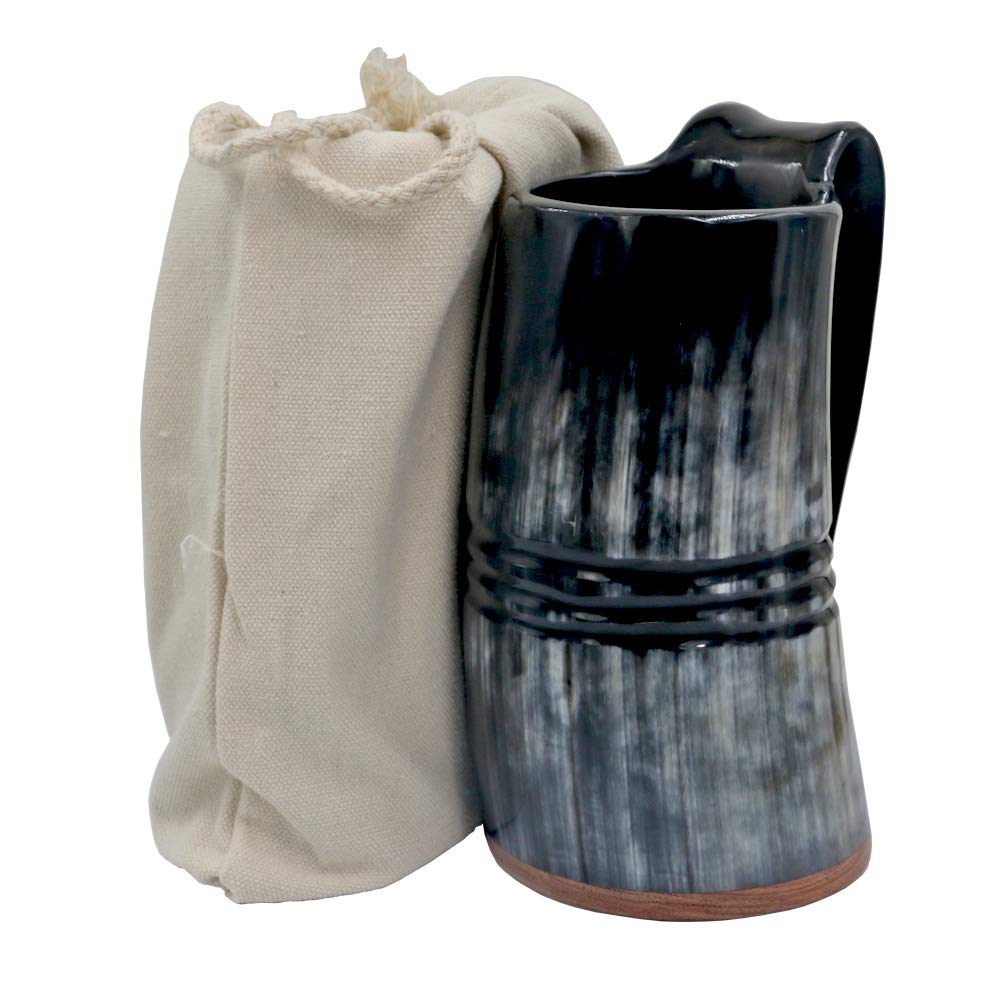 HONGLAYS Ox Horn Viking Drinking Mug - Natural Buffalo Horn with Ring Carving in Redwood Bottom