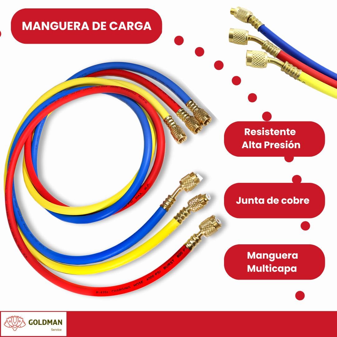 GOLDMAN SERVICE | Kit Manómetro Aire Acondicionado con 3 Mangueras Carga y Medición de Gas Refrigerante Coche | R410A R407C R32 R134a