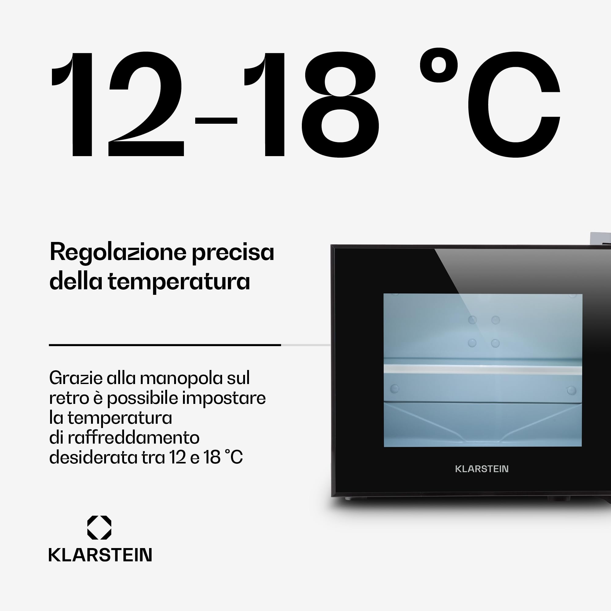 KLARSTEIN Frosty Compact Line - Frigo Compatto, Mini Frigo, Ultracompatto, 65 Watt, Porta in Doppio Vetro Isolato, 10 Litri, Classe A, Temperatura tra 12° e i 18° C, Illuminazione LED, Nero