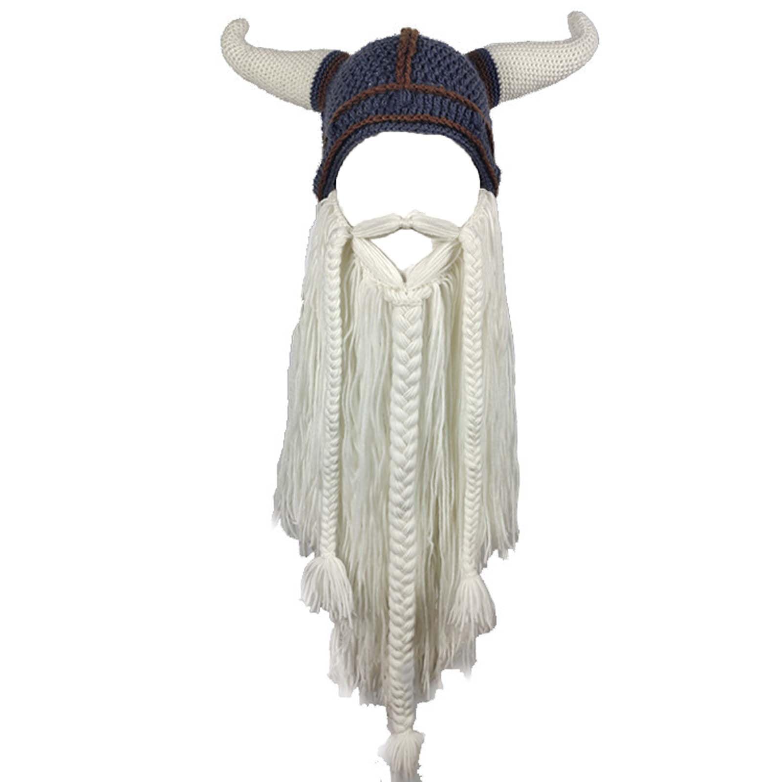 WUODHTW Men's Head Barbarian Vagabond Beanie Long Beard Viking Knit Hat Bull Horn Handmade Knit Warm Ski Cap Funny Party hat