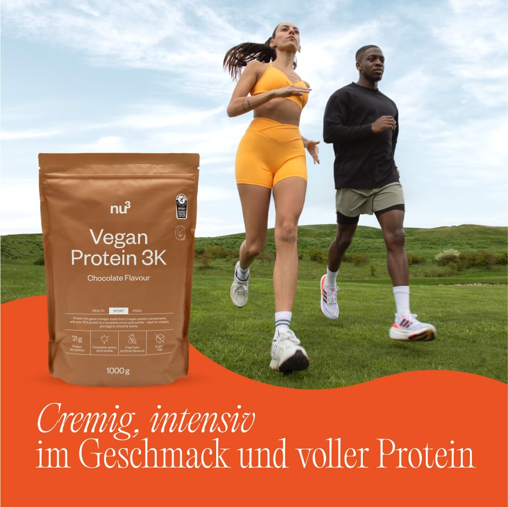 nu3 Vegan Protein 3K Schokolade 1kg- Protein-Powder, pflanzlich, laktosefrei, ohne Soja, zuckerarm, gelatinefrei, Aspartamfrei, Cremig, Eiweißpulver für Muskelaufbau, Training & Alltag - 1000 g