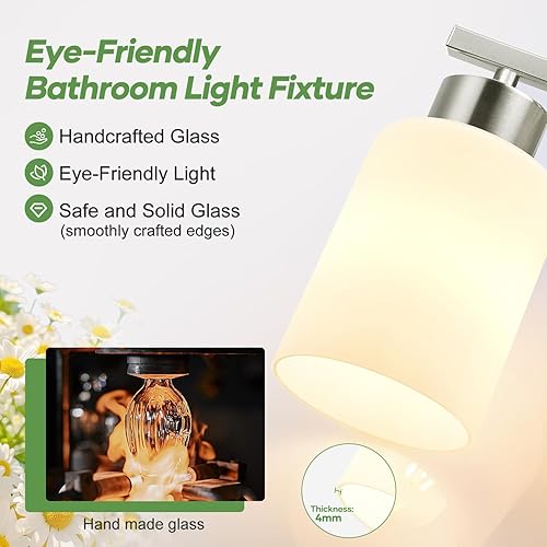 Miniatura 3 de Lámparas de baño de níquel cepillado con pantallas de vidrio de leche, luces de tocador de 3 luces amigables con los ojos para baño, luces de