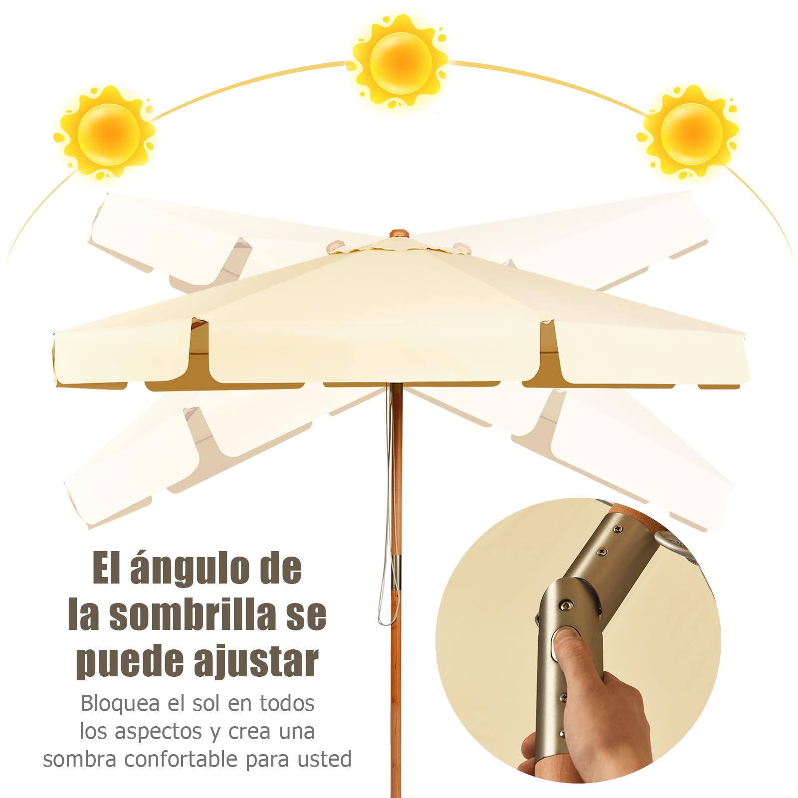 GOPLUS Sombrilla Ø300cm de Madera y Tejido de Poliéster, Parasol Inclinable y Plegable con Protección Solar y Impermeable, Sombrilla de Manivela para Exterior Playa Terraza Jardín Piscina, sin Base
