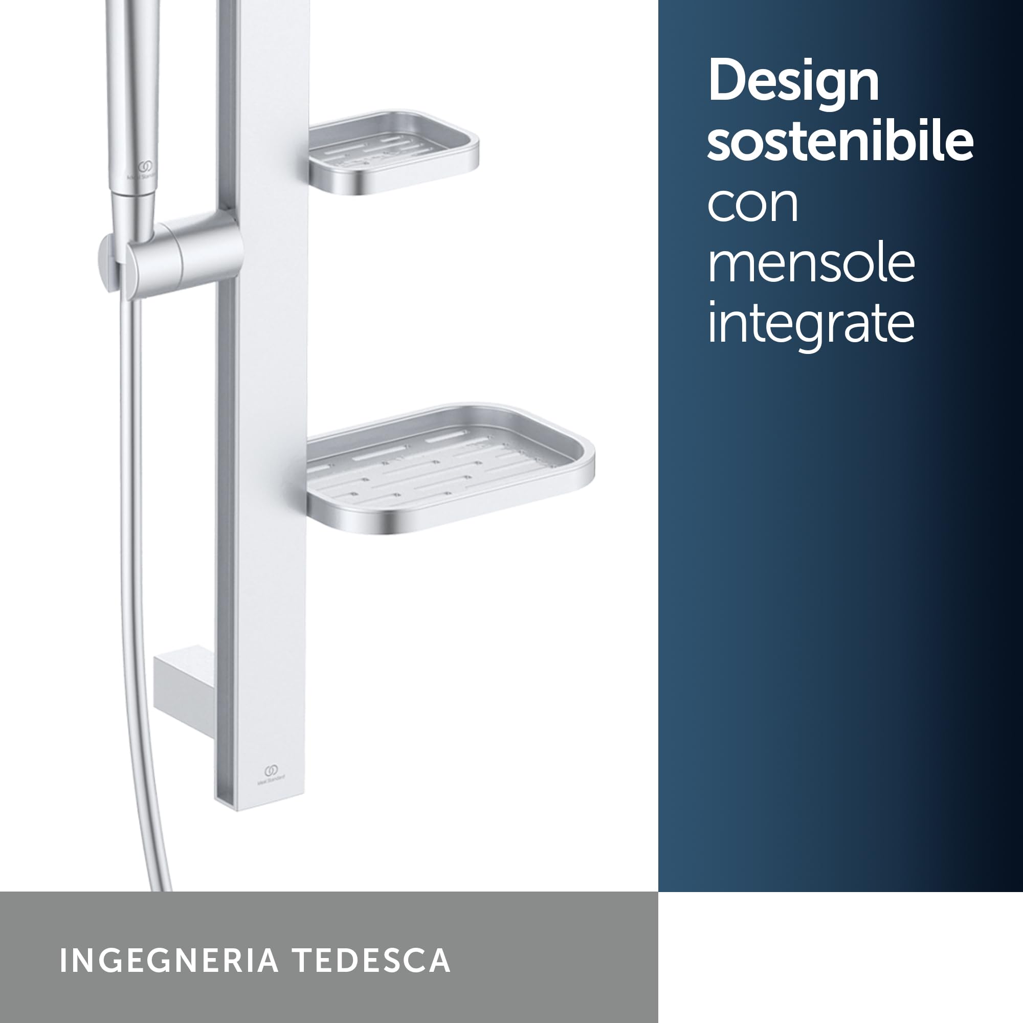 Ideal Standard Idealrain Alu+ Asta doccia, Soffione doccia a risparmio idrico con due tipi di getto (SilkRain e Rain) e ripiani regolabili – Argento (349x157x600 mm)