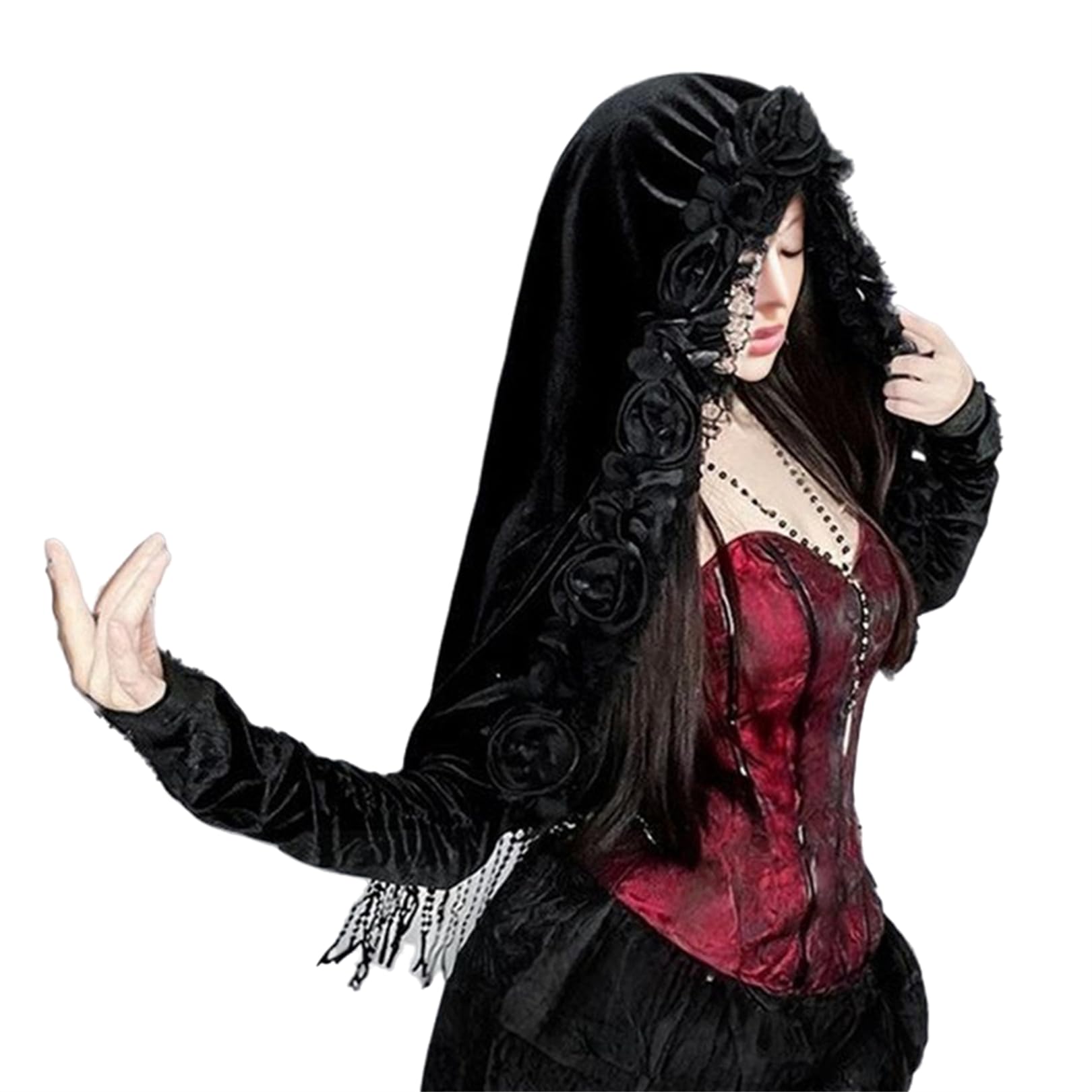 Womens Bolero Velvet Long Sleeve Cropped Shrug Tops - Renaissance Hooded Floral Tassel Goth Fall Formal