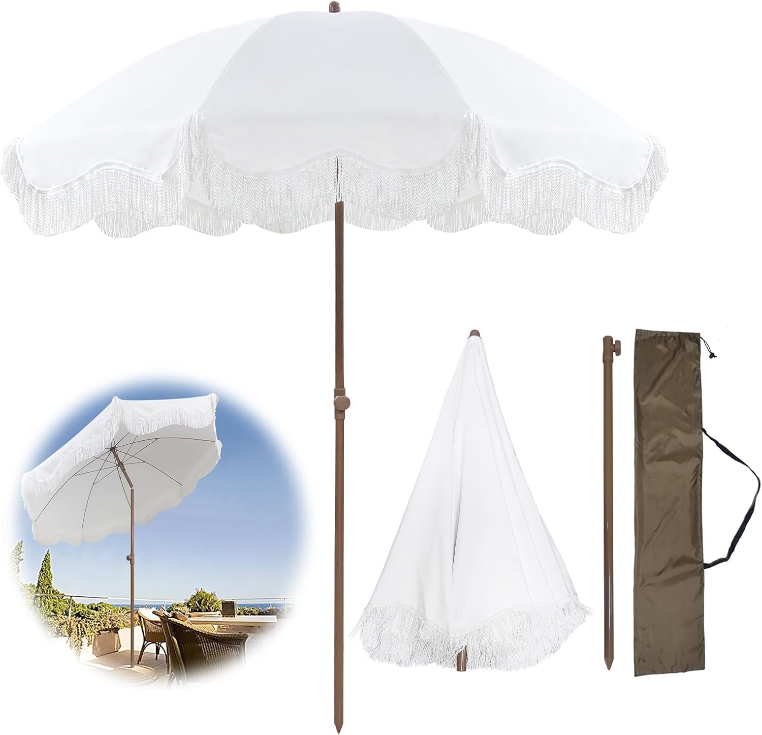 UPF 50+ Holiday Patio Umbrella with Fringe 6.56ft Boho Pool Umbrella Table White Compact Beach Umbrella for Travel Safe Anti Pinch Hand Design Height Adjustable for Garden Deck Backyard Pool Beach