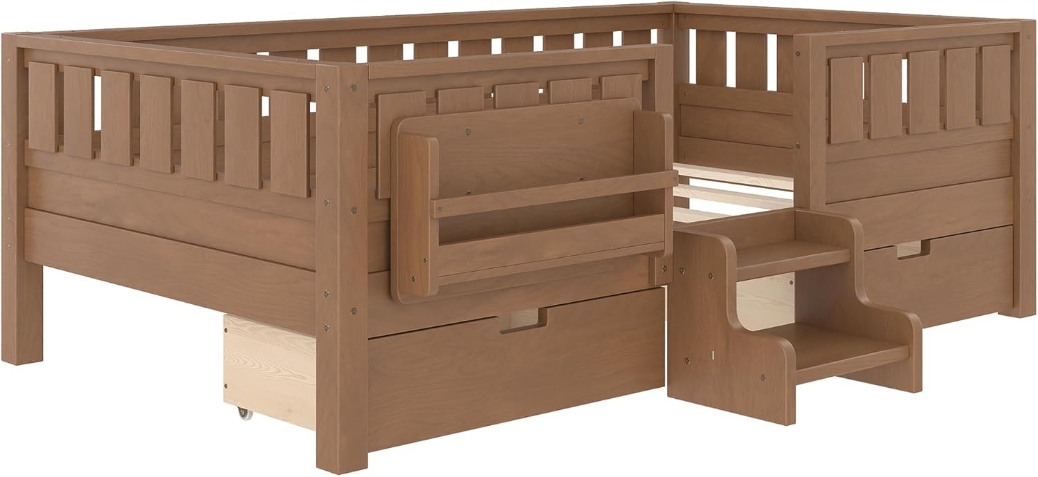 Bellemave Twin Bed with Slats and Stairs, Twin Size Platform Bed Frame with Fence, Bookshelf and Storage Drawers, Easy Assemble Beds for Kids, Girls, Boys, Natural