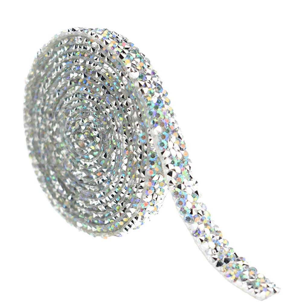 HAHIYOCrystal AB Rhinestone Ribbon Heat Glue Adhesive Reusable Stretch Bling Wrap Roll Sparkles 2 Yards 1 cm Ironing Stick 1 Piece Multi-Function for Mirror Jewelry Box Cakes Decorate Arts Crafts