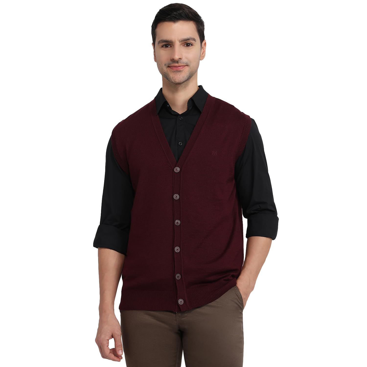 Men Smart Fit Solid Pattern Merino Wool Acrylic Blend Sleeveless V Neck Casual Sweater Maroon-image-19