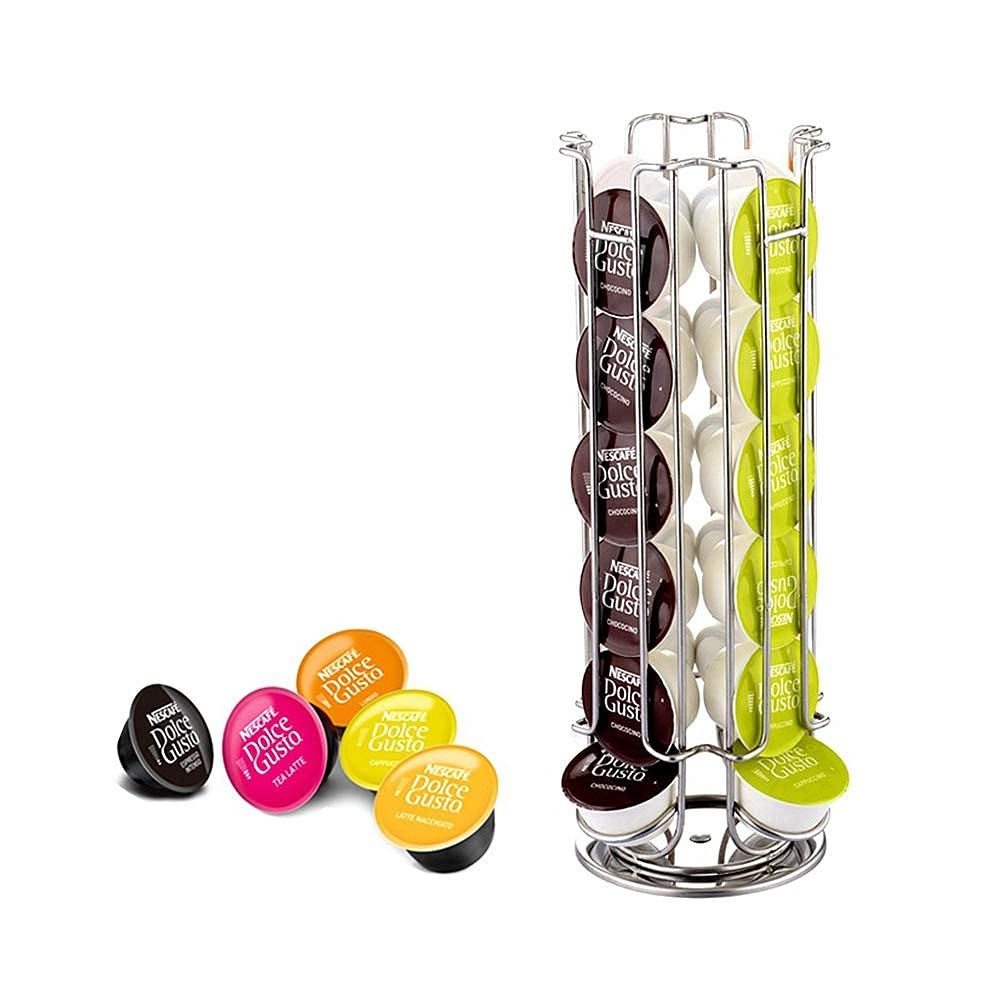 Find A Spare 1 Pack Compatible Replacement Metal Chrome Pod Holder Stand Rack 360° Rotating Tower Non Slip Base For Dolce Gusto 24 Coffee Machine Capsules