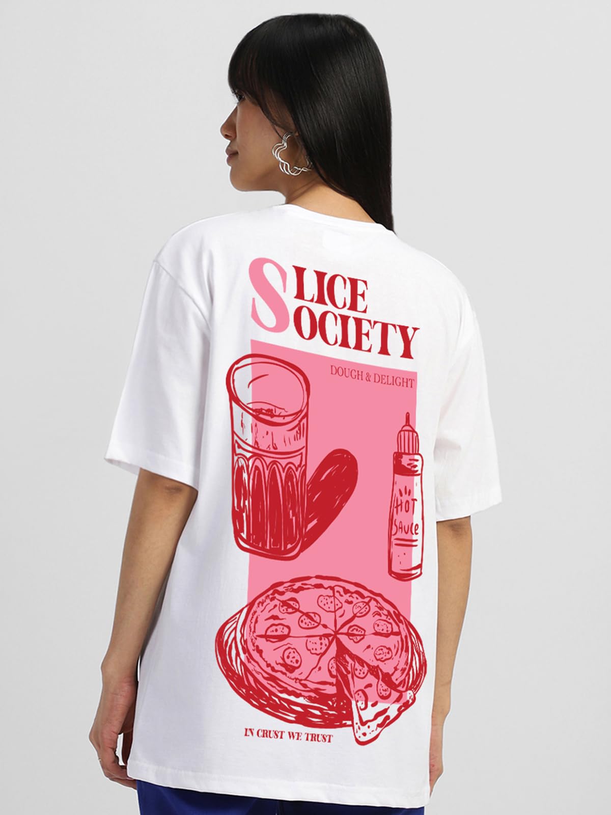 JUNEBERRY Camiseta de algodón 100 % puro de gran tamaño, ajuste holgado frontal y trasero, con estampado gráfico de Slice Society en blanco y negro, cuello redondo, para mujeres y niñas (tallas: S a