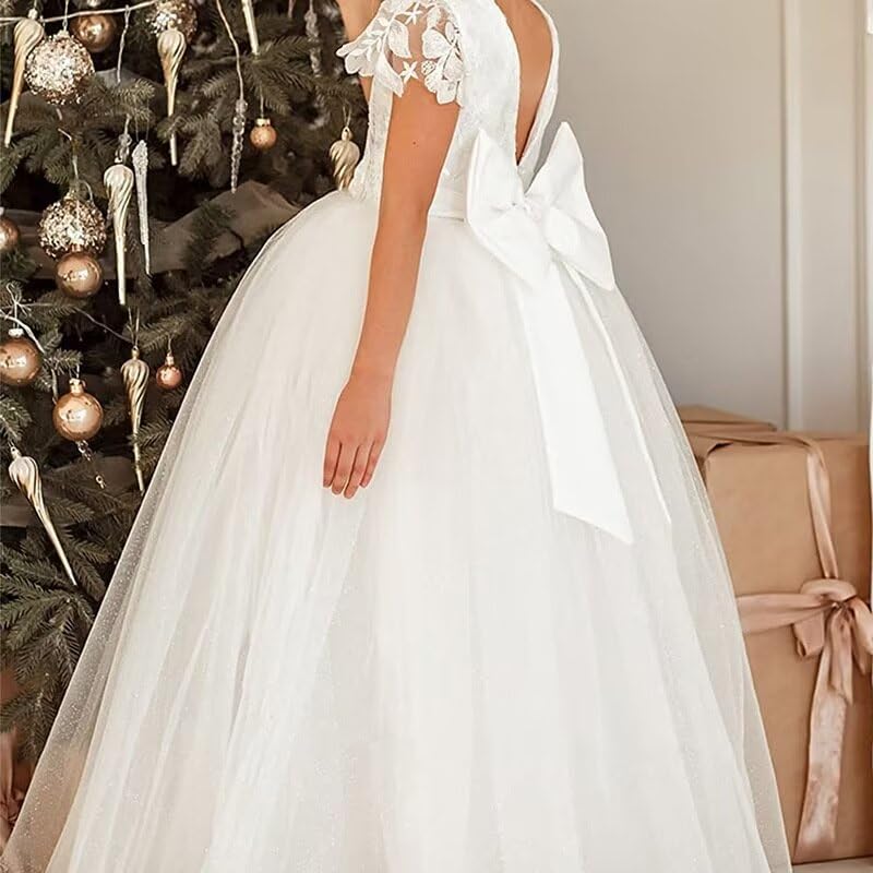 Tulle Pageant Dresses for Girls Puffy Flower Girls Lace Sleeve Dress for Wedding Kids Tutu V-Back Prom Ball Gown3