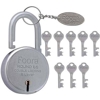 Foora Round 65mm Lock | Metal Body | Double Locking | 8 Steel Lever | 8 Silver Keys with Keychain | Silver Finsih | Made in India | Export in USA | Canada
