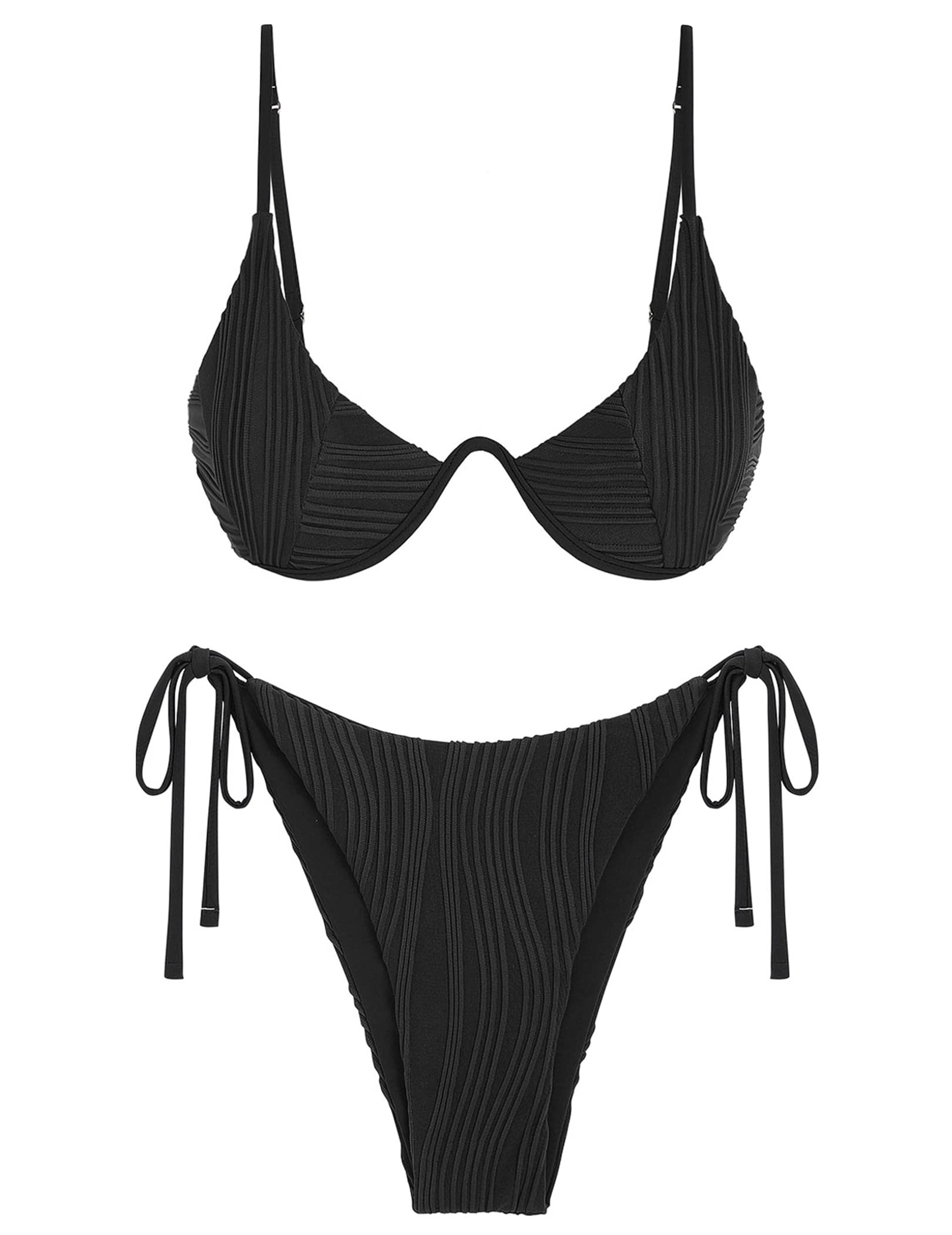 ZAFUL Underwire Bikini Sets for Women Back Clasp Bikinis Side Tie String Ribbed Two Piece Swimsuits Black M