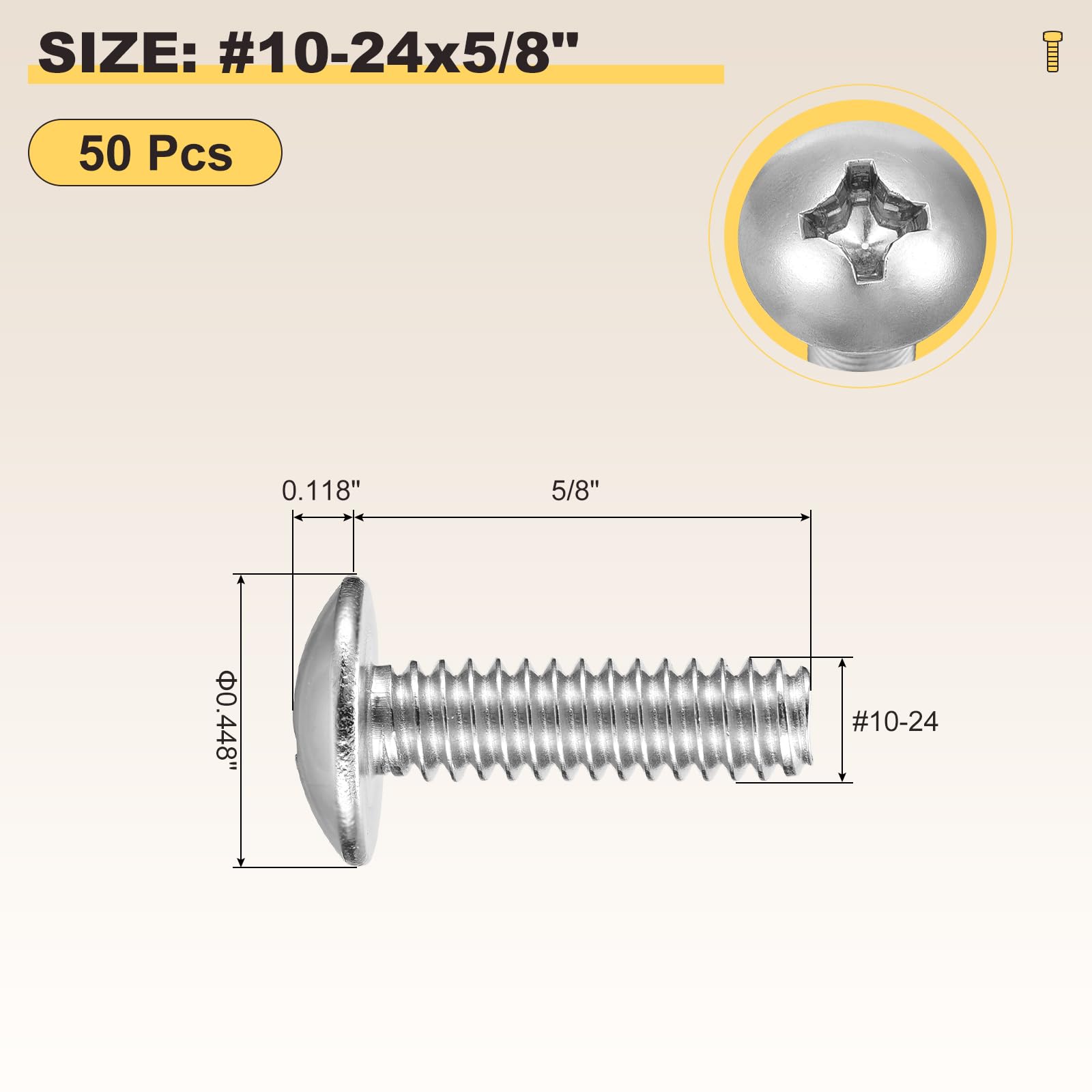 METALLIXITY Machine Screws Phillips Head(#10-24x5/8") 50Pcs, 304 Stainless Steel Round Head Phillips Drive Furniture Bolts - Image 2
