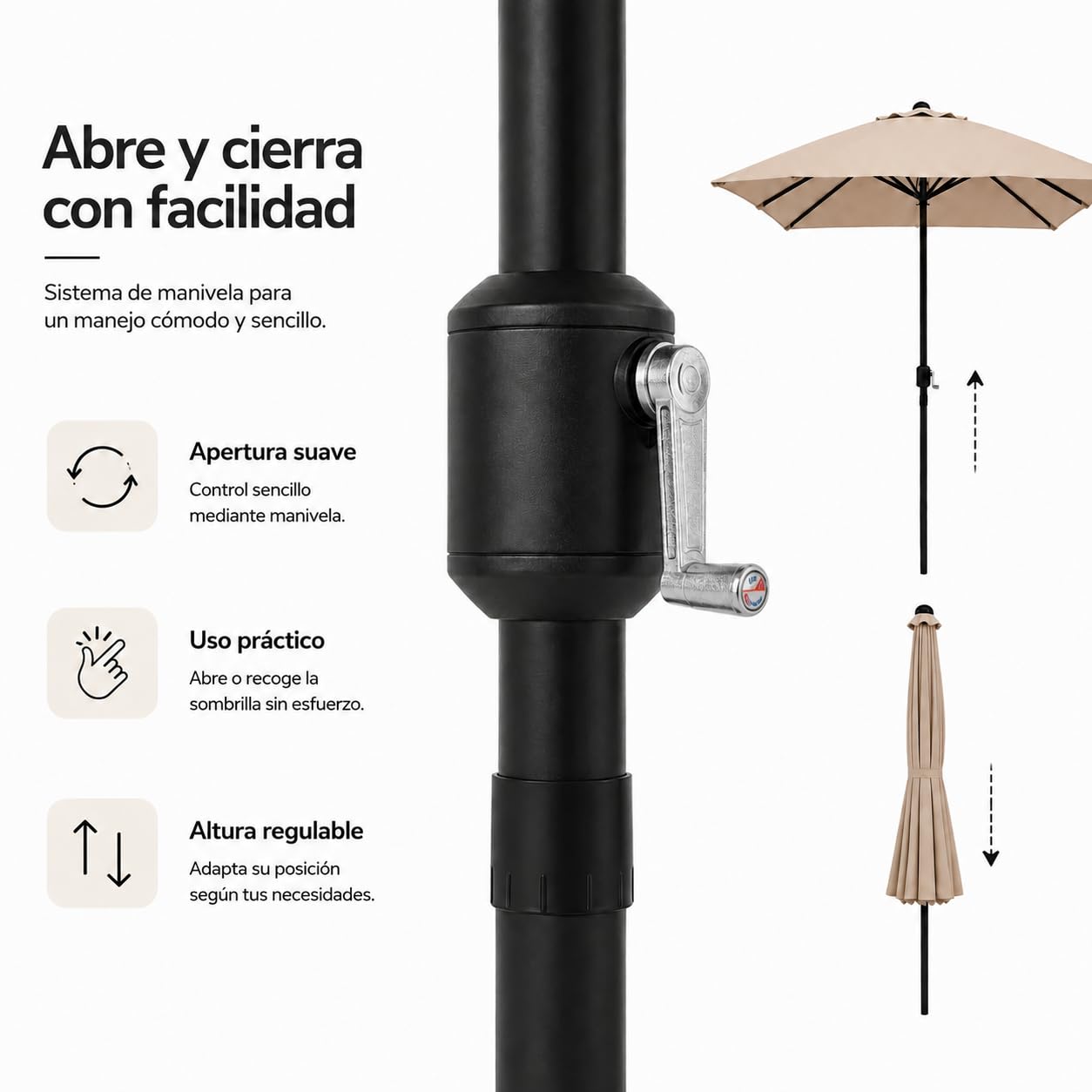 Sombrilla de Jardín – Parasol Exterior con Manivela, Altura Ajustable, Protección UV, Tejido Impermeable y Estructura Metálica Negra