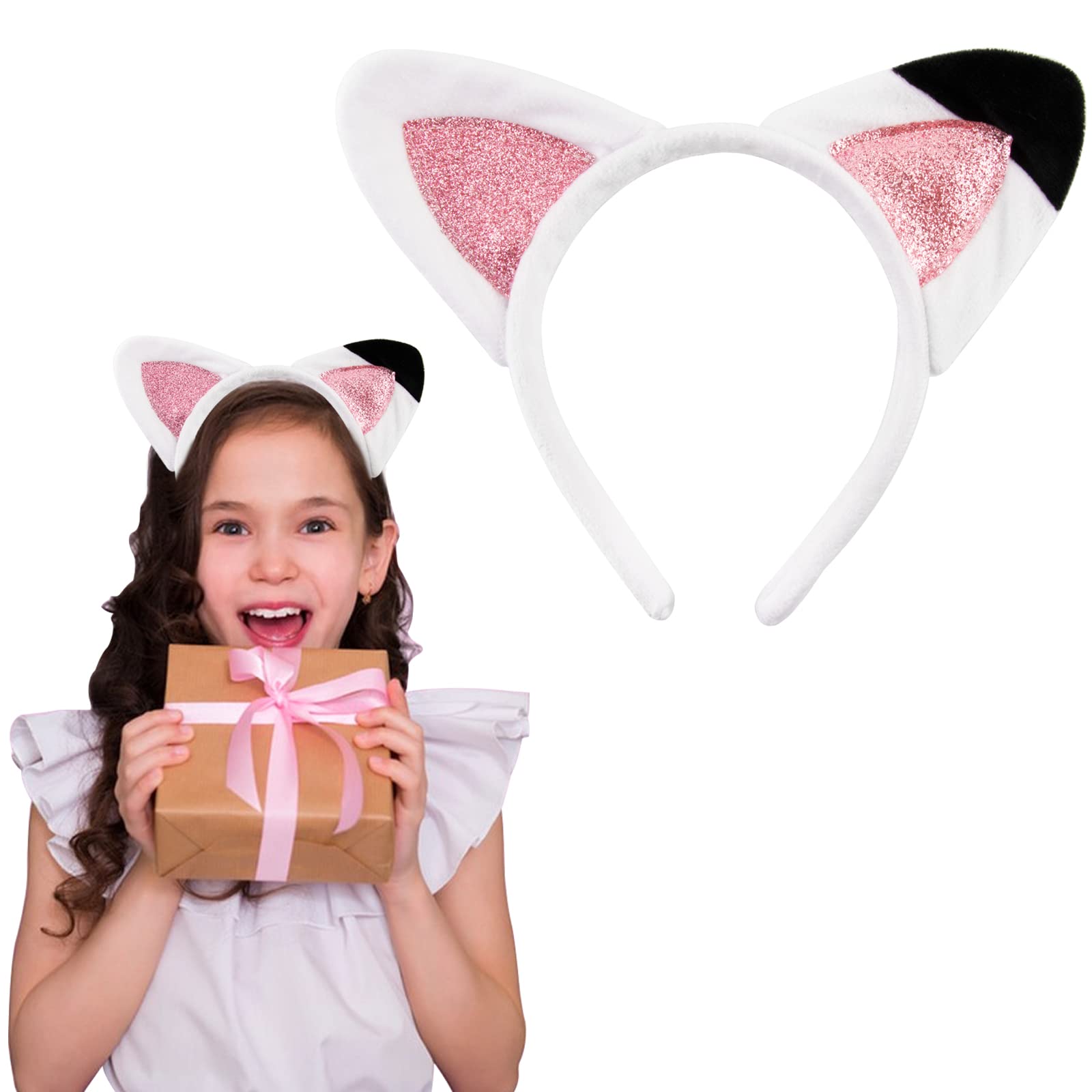 COLOFALLA Diadema Orejas de Gato Niña Blanco con Purprina Rosa para Carnaval Disfraz Fiesta Temática Halloween Cumpleaños Regalo
