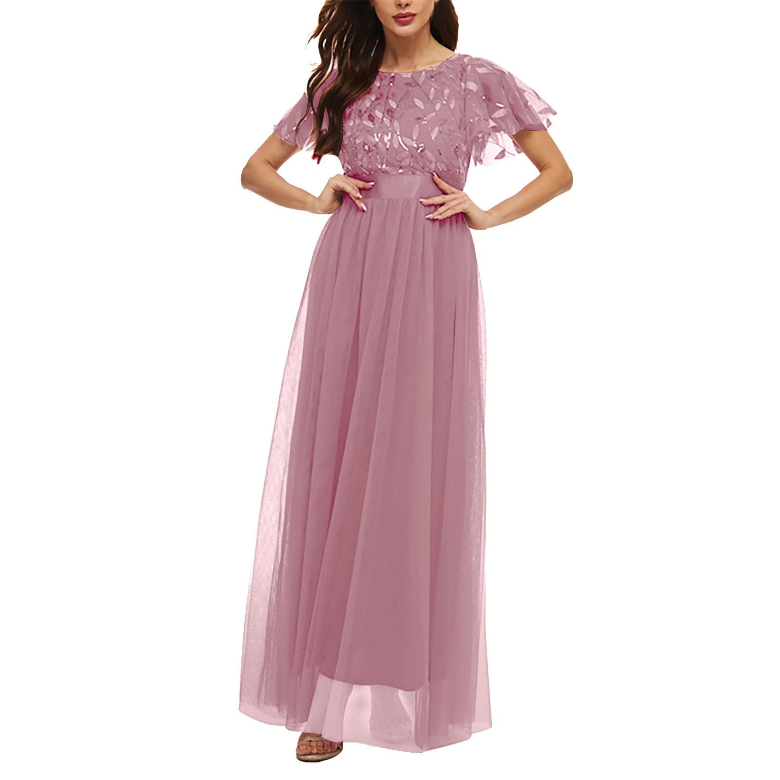 Ballkleider Damen Lang - Rotes Kleid Abendkleider Elegant Für Hochzeit Spitzen Brautkleid Maxi Hochzeitskleid A-Linie Abschlusskleid Brautjungfernkleid Cocktailkleid Festliche Kleider Silvester Outfit