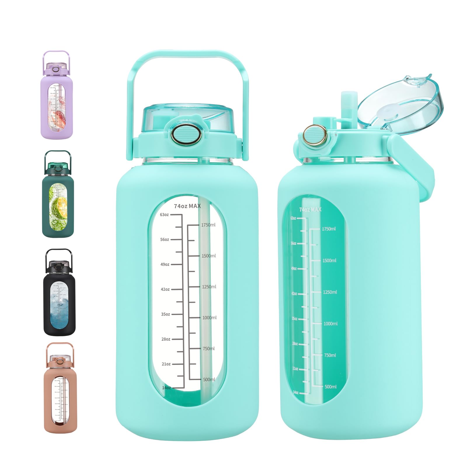 chunmo Botellas de agua de vidrio de 74 onzas con pajilla, botella de agua motivacional grande con marcador de tiempo, botellas de agua deportivas con funda de silicona y tapa de asa, jarra de agua de