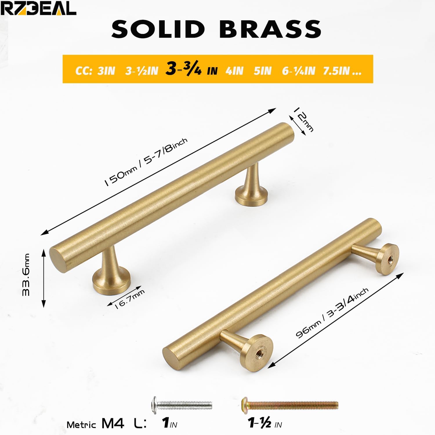RZDEAL 3-3/4 Inch Kitchen Cabinet Handles Solid Brass Cabinet Pulls Round Bar Handles Brushed Gold Dresser Drawer Pulls Hardware 4 Pack