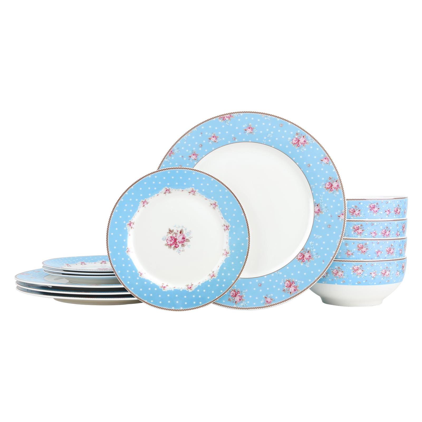 fanquare 12-częściowy niebieski zestaw obiadowy, elegancki zestaw obiadowy z kwiatami, porcelanowe talerze i miski dla 4 osób, można myć w zmywarce i używać w kuchence mikrofalowej