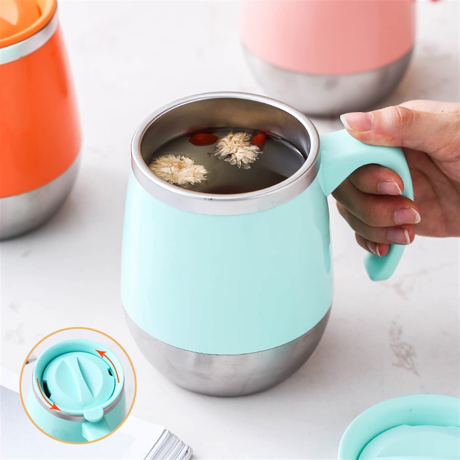 Taza de Café, Taza Térmica de Viaje, Taza térmica de doble pared de 500ml con tapa, tazas de café y cerveza, taza de agua del té portátil for viaje y Camping, vaso aislado(Light blue)