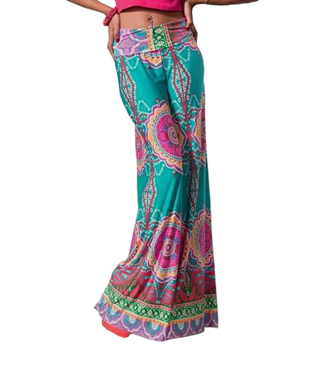 Womens Fold Over Waist Wide Leg Palazzo Pants (S, Teal Tropical)