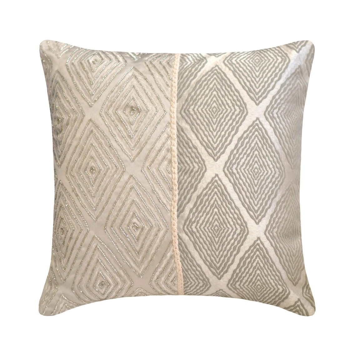 The HomeCentric Grey & Ivory Pack of 2, 50x50 cm (20"x20") Accent Cushion Covers, Silk Jacquard, Lace & Beaded Accent Cushion Covers, Geometric Pattern Contemporary Style - Allotrope โ image 1