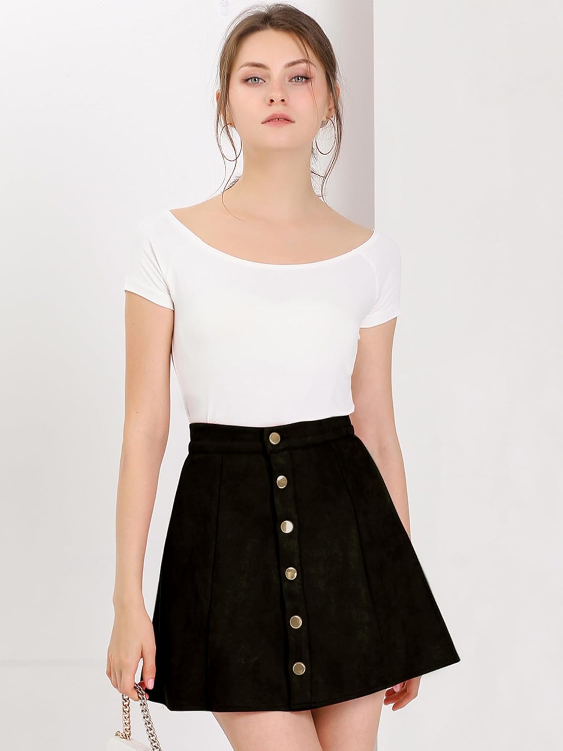 Allegra K Women's Faux Suede Button A-Line High Waisted Flared Mini Short Skirt - Image 4