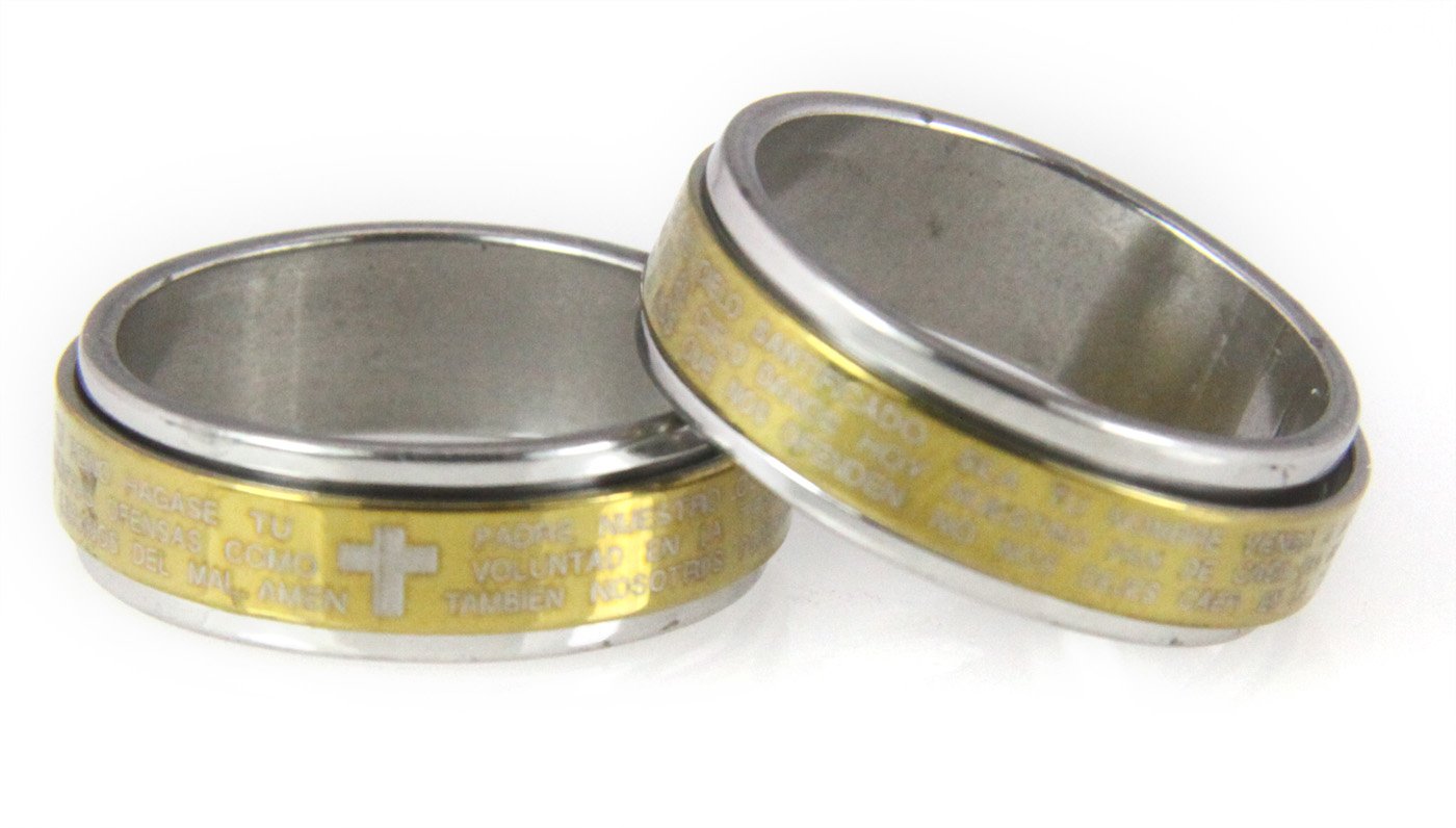 S30 Polished Gold Tone Stainless Steel Spinner Ring Spanish Our Father Lord's Prayer Padre Nuestro