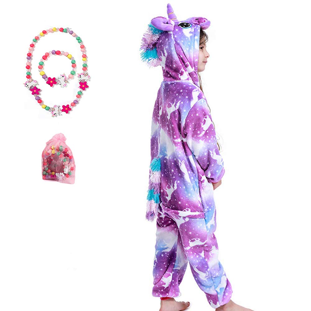 Kids Onesie for Girls Soft Plush Unicorn Pyjamas Comfy Gift with Free Colorful Bracelet & Necklace