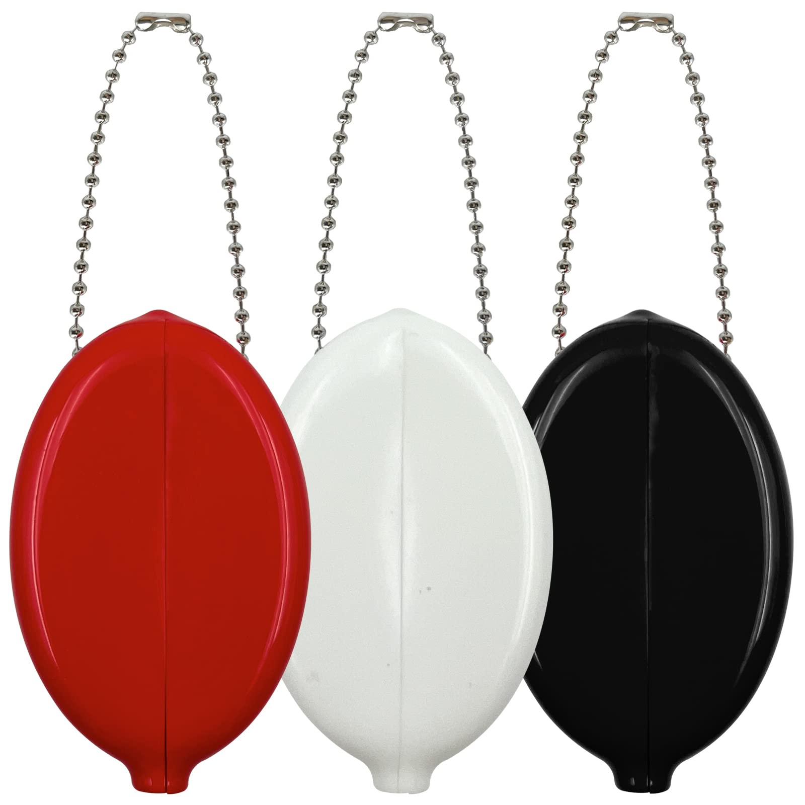 DEEZOMO 3 Pieces Rubber Coin Purse, 2 x 3 Inches Oval Squeeze Coin Holders With Chain for Women Men Travel (Max Red/White/Black 3 Pack)