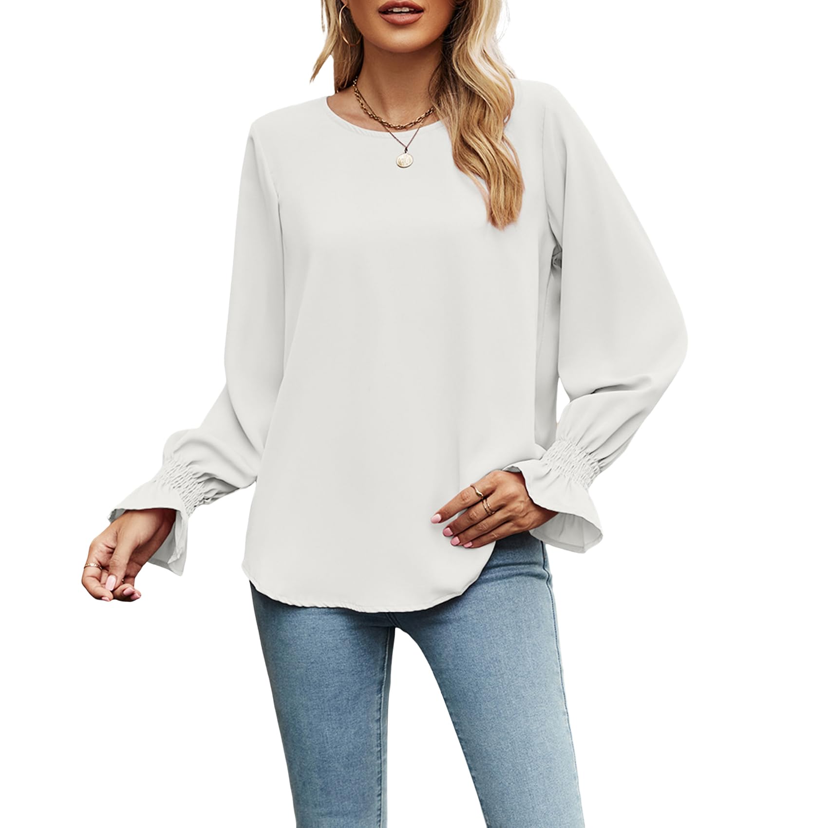 Atxnn Blusa Mujer de Gasa Camisa Elegante de Cuello Redondo Túnica Tops de Manga Lantern Camiseta Suelta de Oficina Trabajo