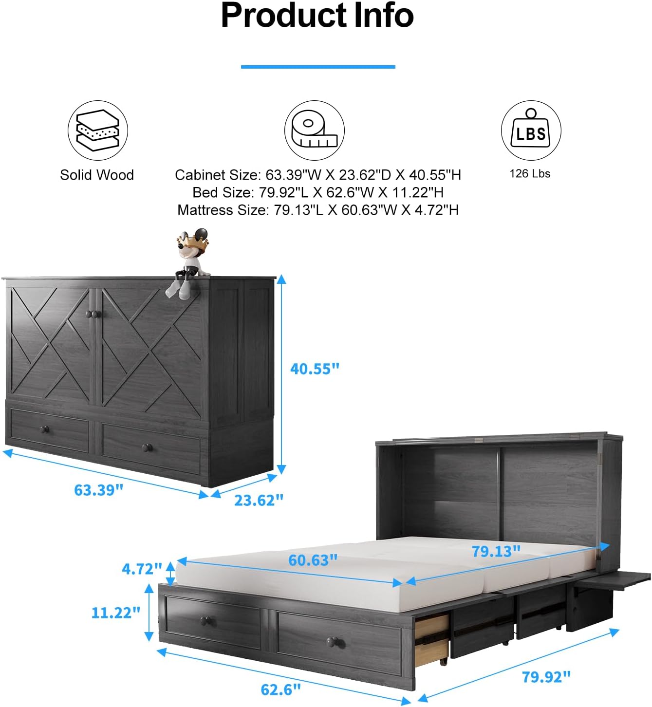 PUREMIND Multi-Functional 2-in-1 Murphy Cabinet Bed with Mattress Included, Queen Size Murphy Bed Chest Built-in Power Strip & Storage Drawer, Space-Saving Foldable Platform Beds