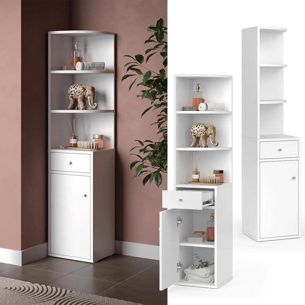 Vicco Scaffale d'angolo Larry, Bianco, 30 x 135.5 cm con anta e cassetto, per riporre libri e decorazioni negli angoli