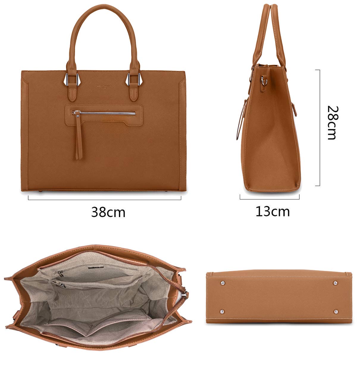 David Jones - Bolso de Mano Trabajo Mujer - Shopper Universidad Tote Bag Cuero PU - Grande Bolso Bandolera Hombro Cuero Impermeable - Ordenador Portatil 15.6 Pulgadas Escuela Oficina - Marrón