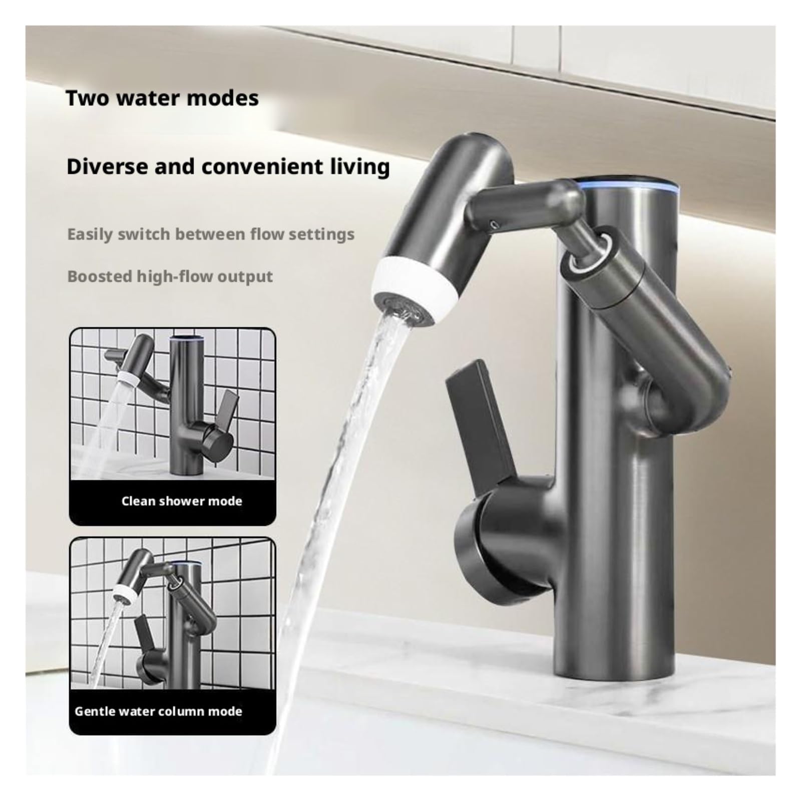 Rubinetto con braccio robotico filtrato display a LED, miscelatore per lavabo girevole in ottone per lavello della nave,Sicuro e affidabile(Grey)