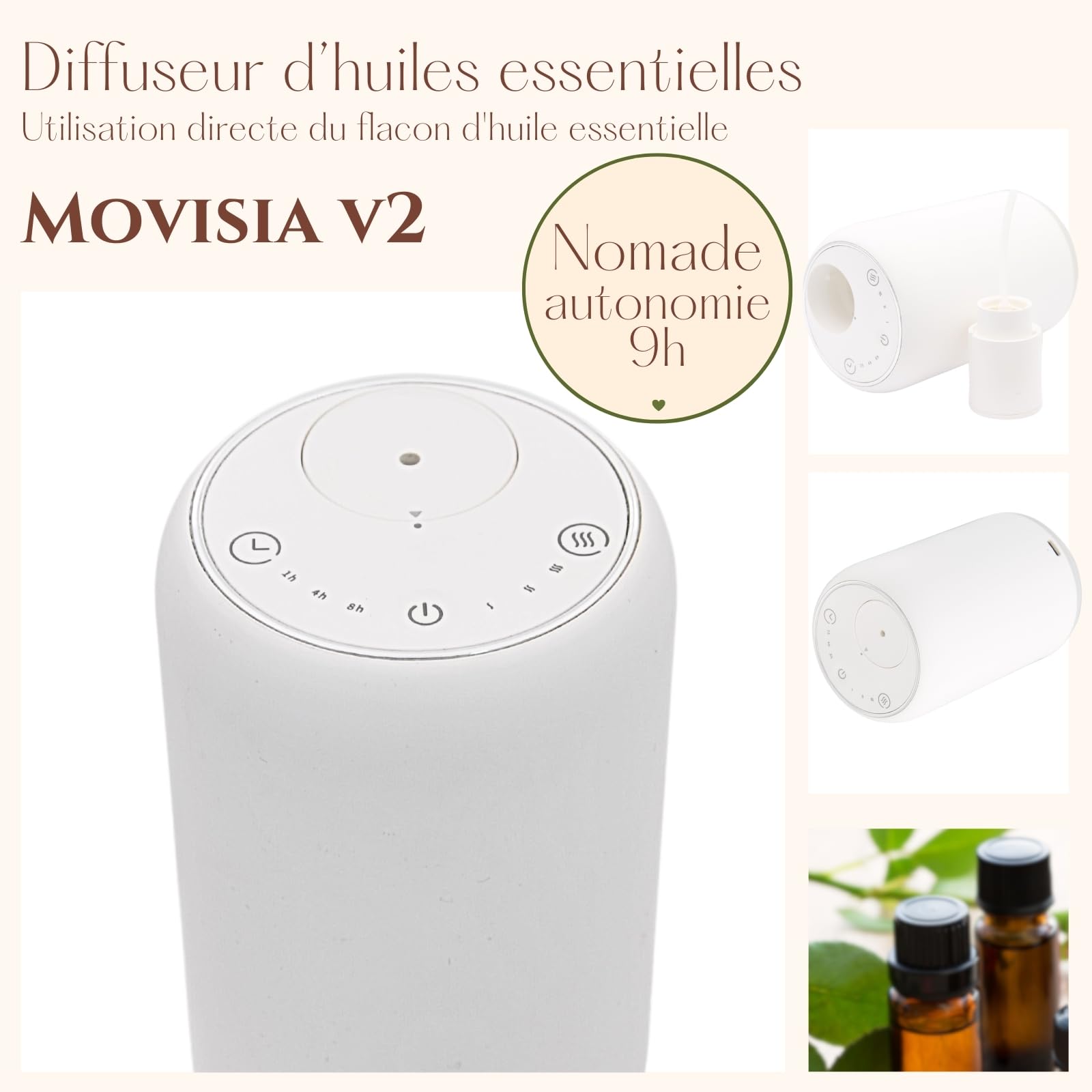 Zen'Aroma Difusor de Aceite Esencial por nebulización nómada Movisia V2, Superficie de difusión de hasta 80 m², Botones táctiles, batería Recargable, inalámbrica, luz LED integrada