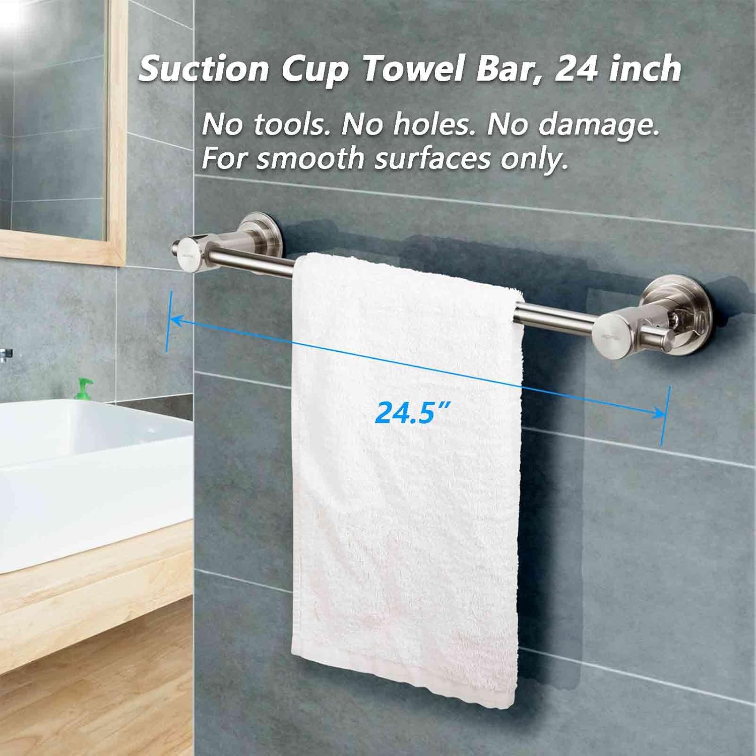 BOPai 24 inch Suction Cup Towel Bar – No Drill, for Smooth Surfaces Only, Brushed Nickel - Image 2