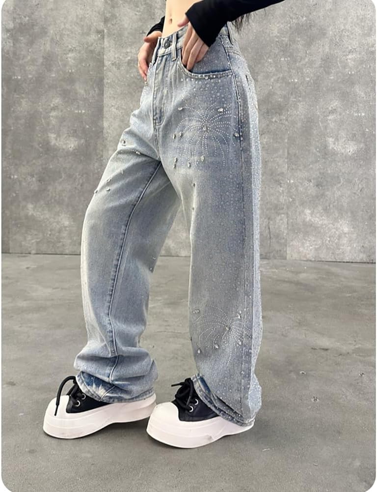 XYGJZ Women's Rhinestone Wide Leg Jeans Sparkling Baggy Denim Pants
