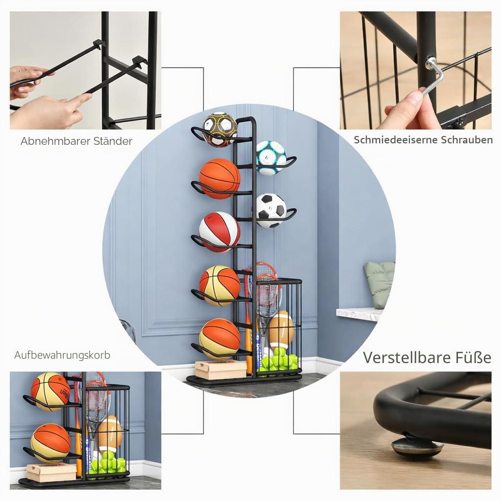 Sportgeräte-Aufbewahrungsregal für 7 Einheiten – Multifunktionaler Metallständer für Garage oder Innenbereich, ideal für Bälle, Spielzeug und Sportausrüstung, schwarz (146 cm hoch)