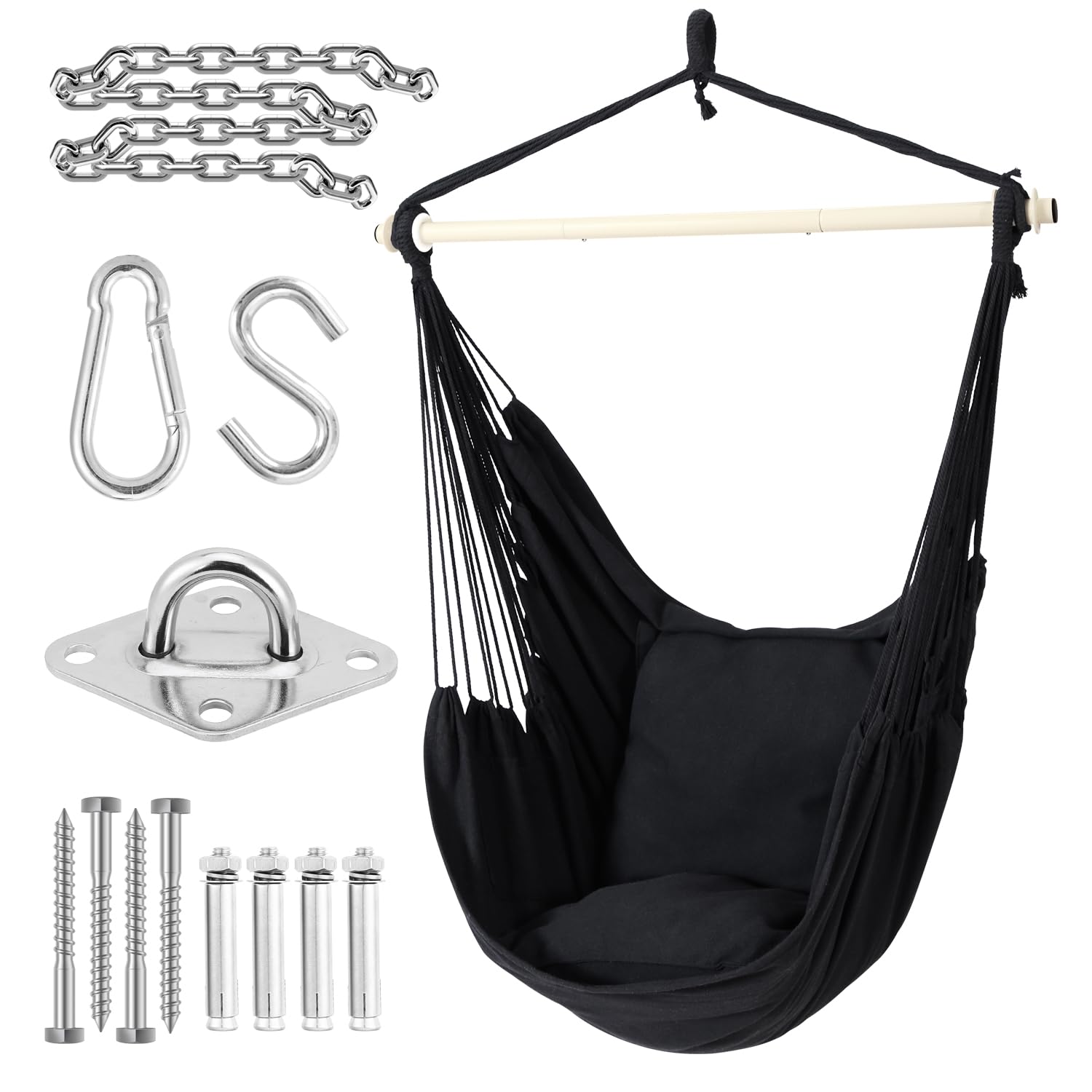 Ohuhu Hängesessel Outdoor mit 2 Kissen und Deckenhaken-Kit bis 150 kg XL | Baumwolle, ohne Gestell, für Indoor & Outdoor, Balkon, Garten, Anthrazit