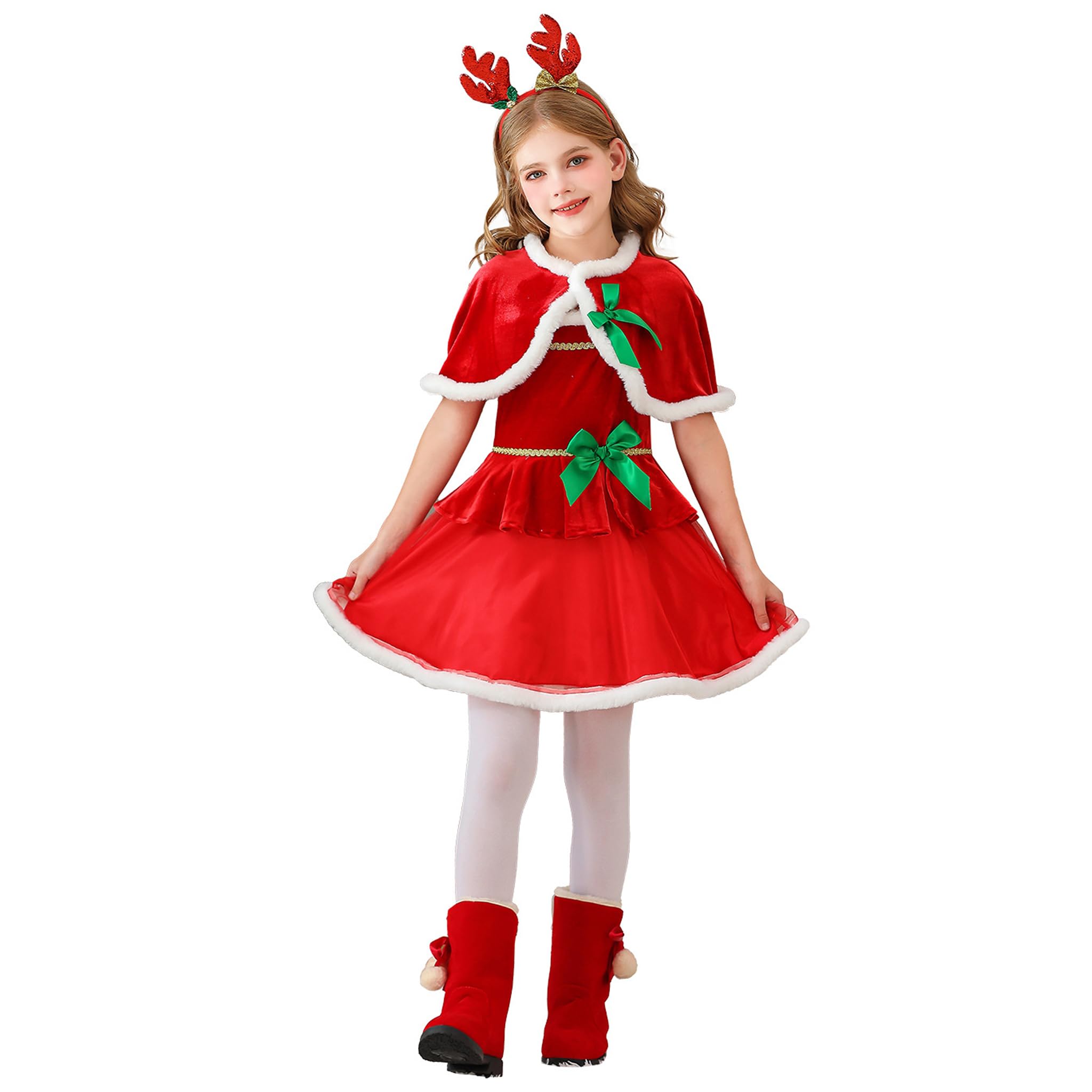 Abiti natalizi per ragazze, costume da Babbo Natale per bambini con fascia per capelli con corna per feste, foto, cosplay, 110 cm